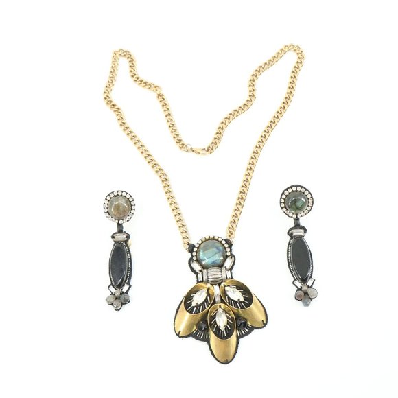 Ranjana Khan Labradorite Necklace Gold Tone Chain Clip On Earring Set - Picture 4 of 8